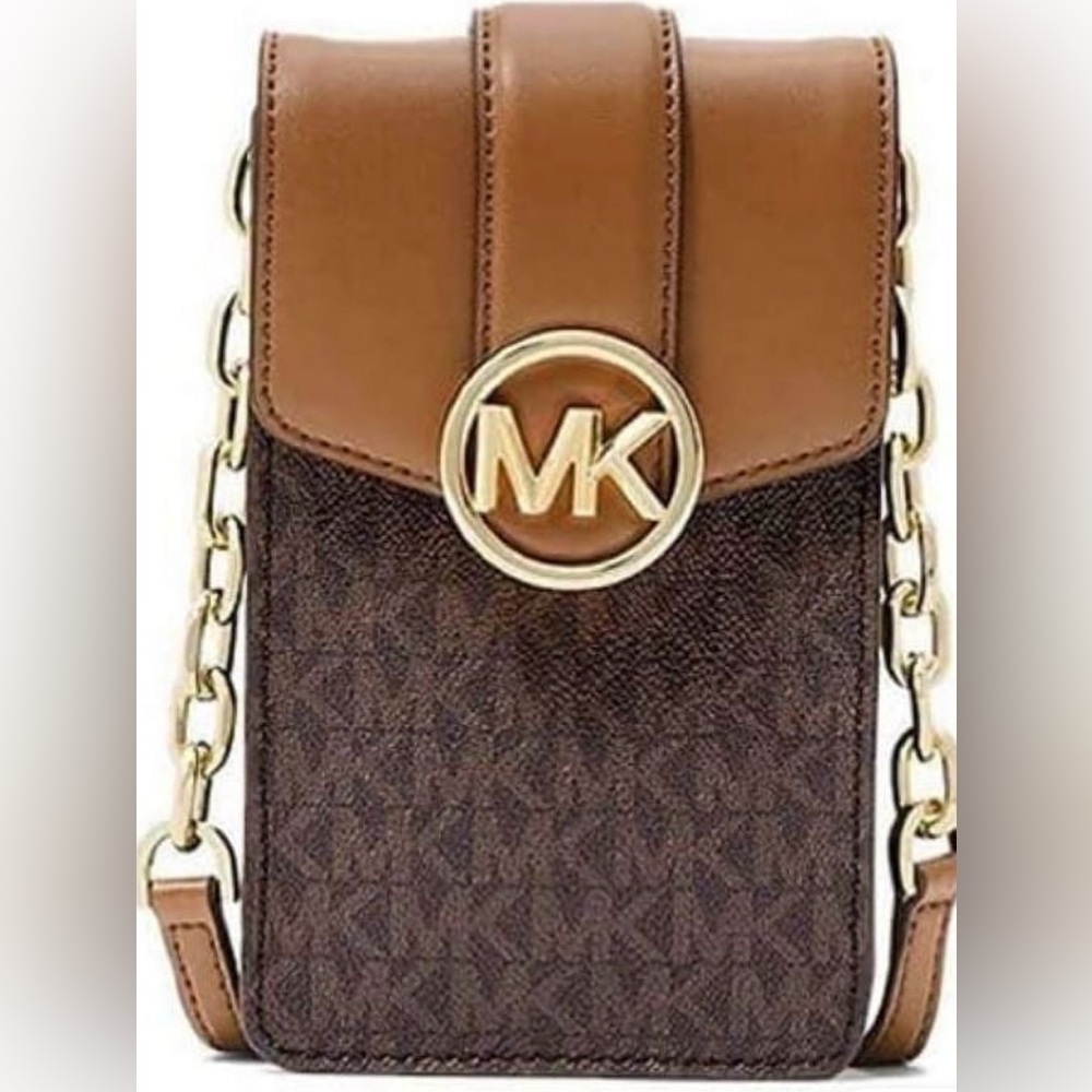 Michael Kors Gold, Brown, and Tan Crossbody phone case.